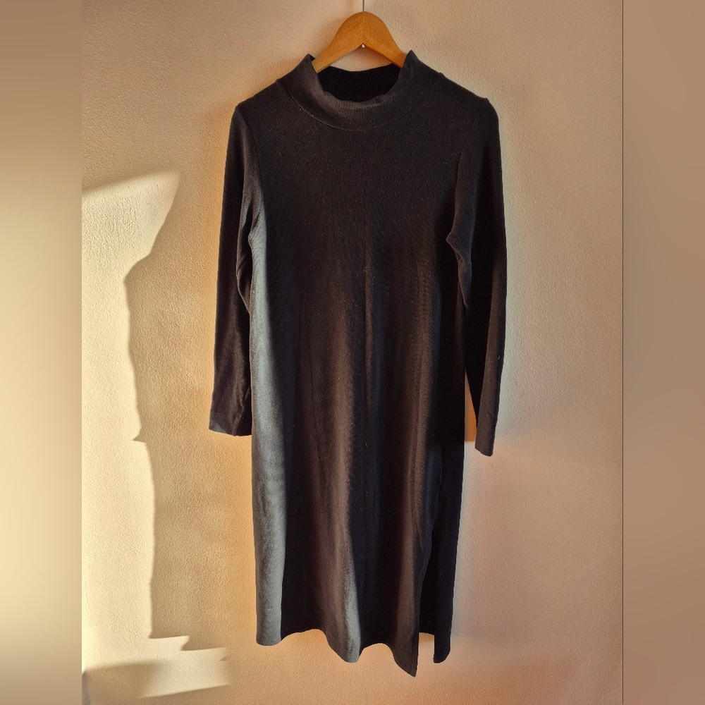 Yerse Cotton Midi Dress With Mock Neck And Slit Long Sleeves